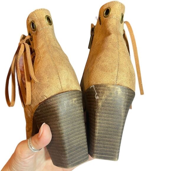 93 Vintage Womens Open Toe Ankle Boots Lace Up Tan Side Zip Vegan 9.5 - Picture 10 of 16